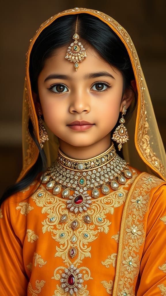 Elegant Indian Girl in Golden Velvet Eid Dress with Crystal ...