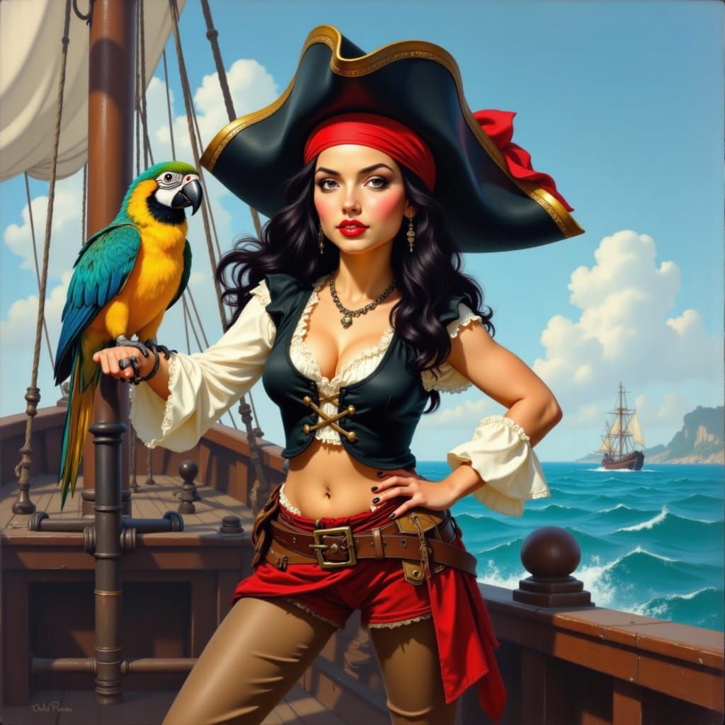Cartoon Pirate Captain with Parrot, Vibrant Disney Style