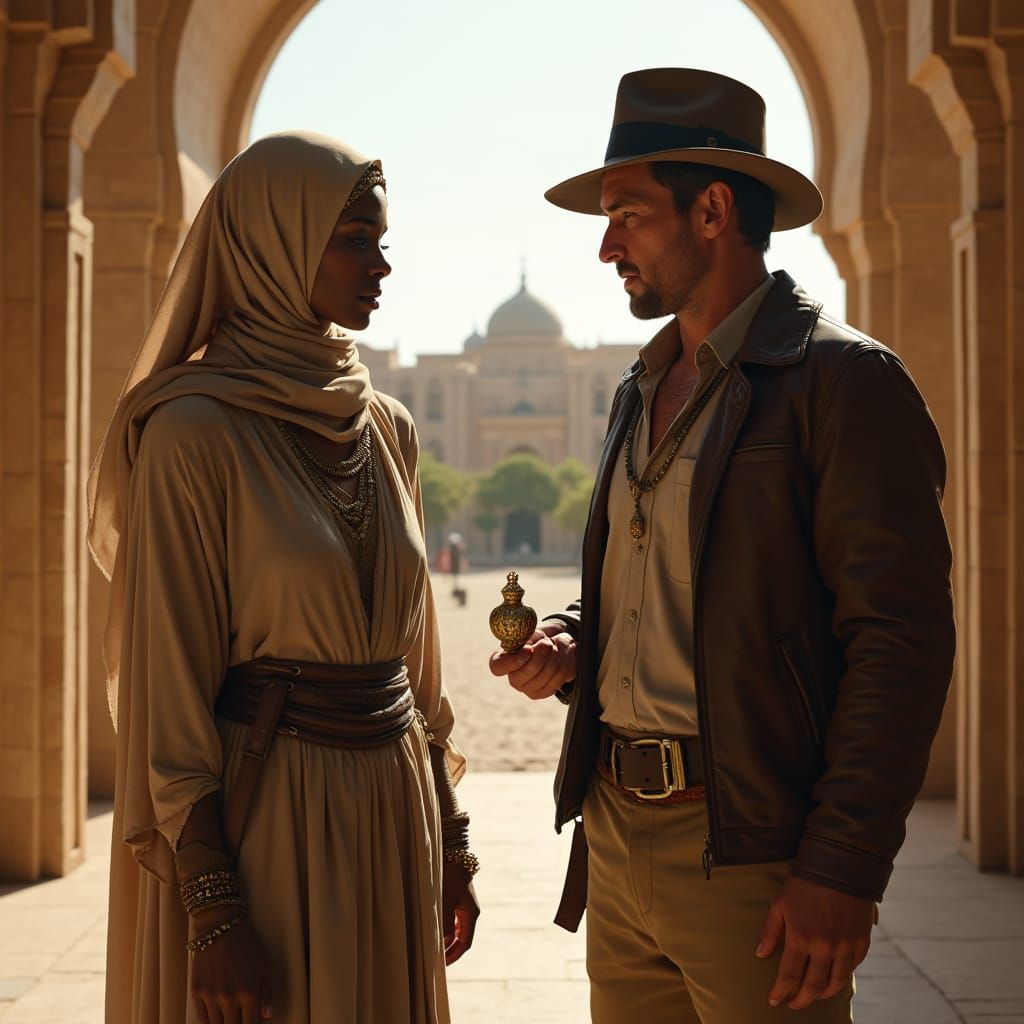 African American Woman and Indiana Jones in Ancient Shrine
