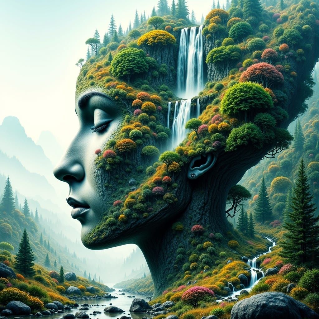 a narrow face, mountain with a waterfall scene at the top of the face, flowers and bushes within the face, bushes , tree...