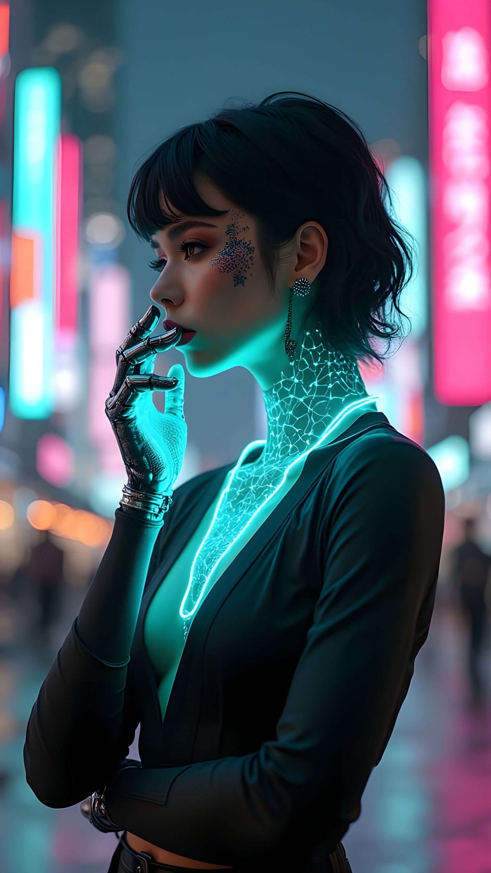 Futuristic Woman with Glowing Tattoos in Cyberpunk City