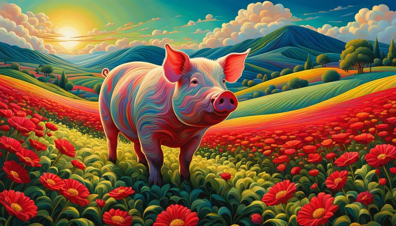 Piglet in Field of Flowers: Neo-Impressionist Painting