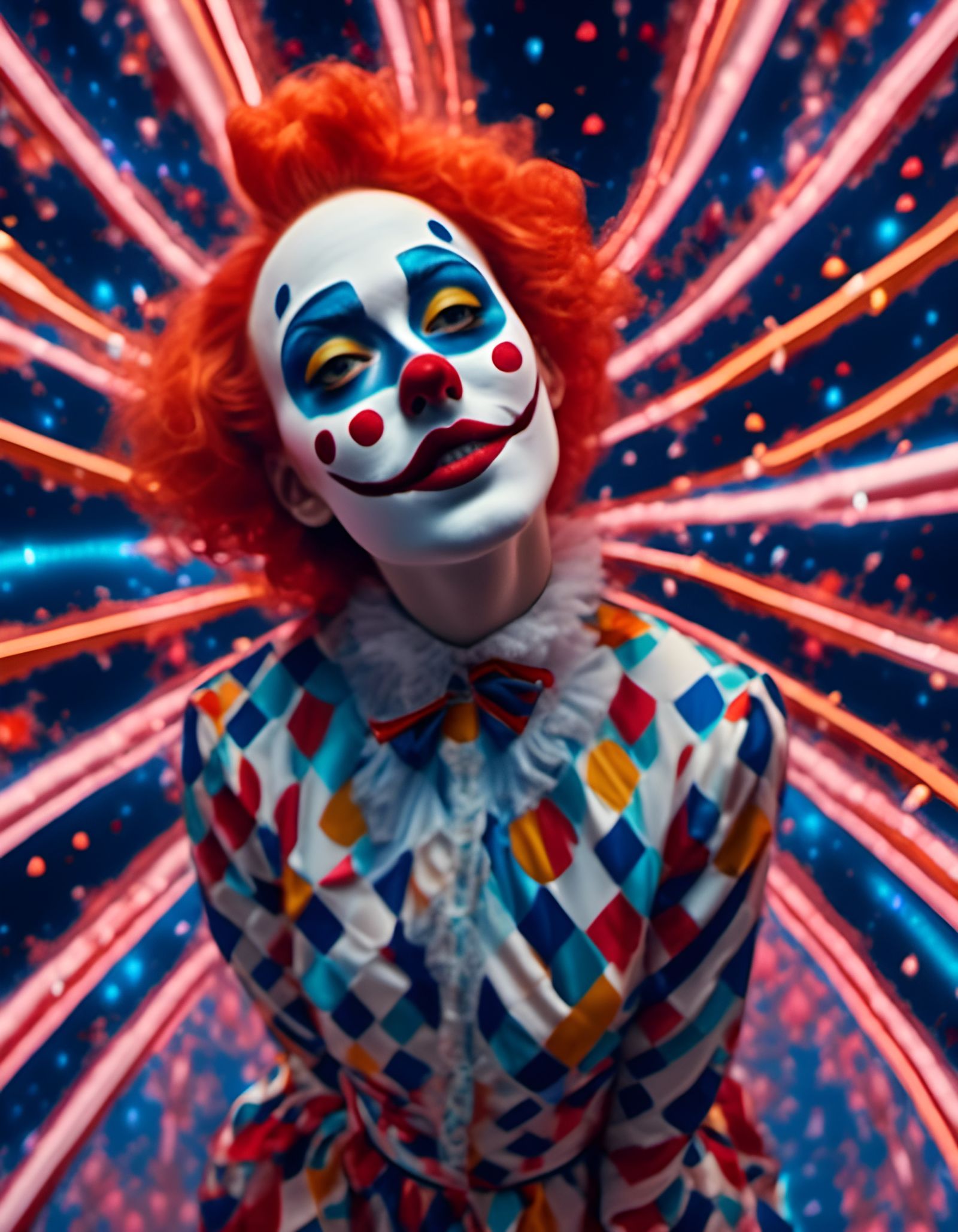 Clown Gliding Among Stars in Hyperrealistic Abstract Art