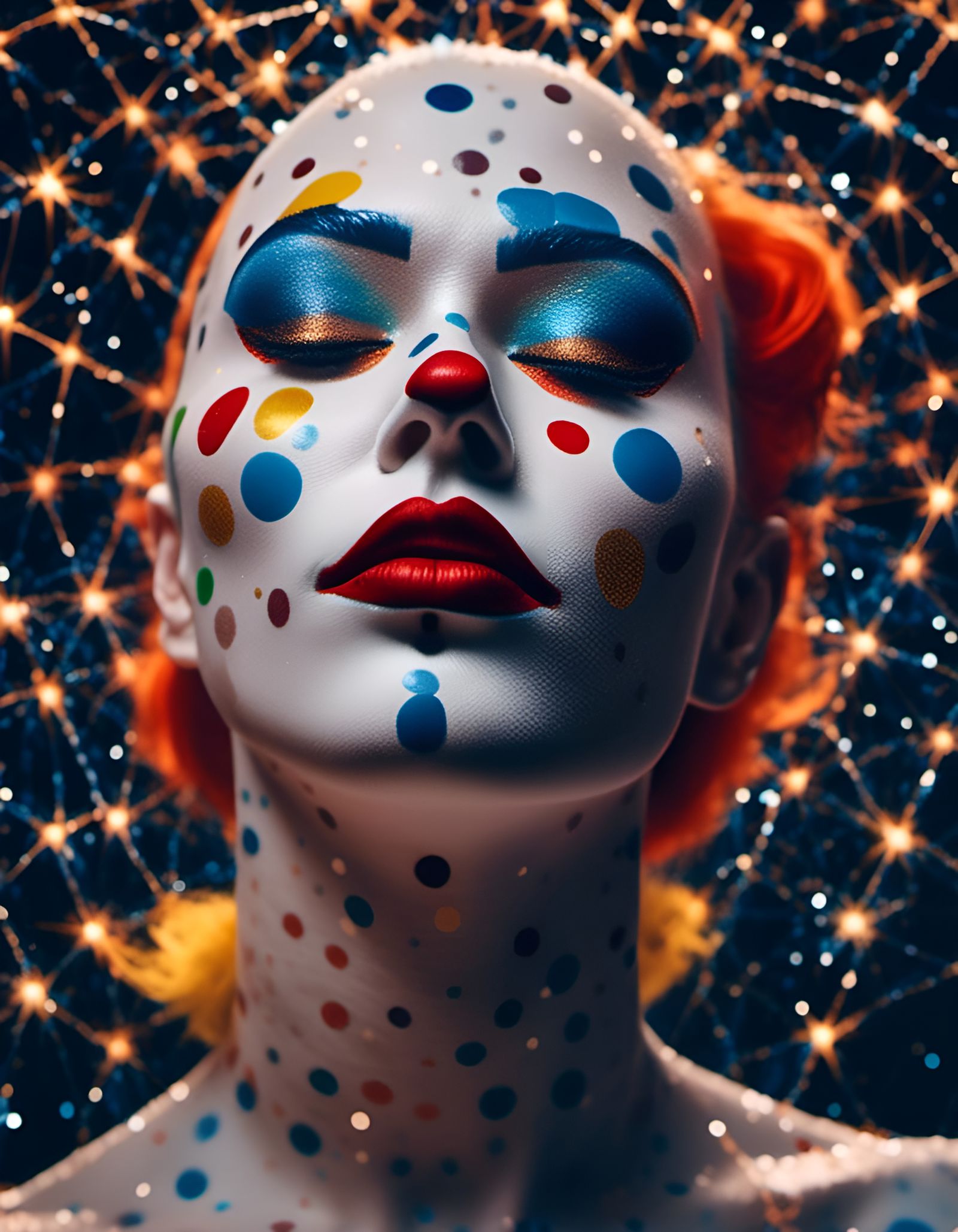 Clown Gliding Among Stars in Hyperrealistic Abstract Art