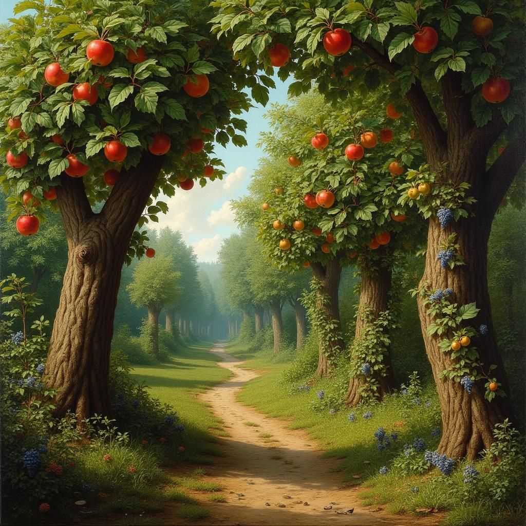 Lush Forest Path with Fruit Trees in Dutch Realism