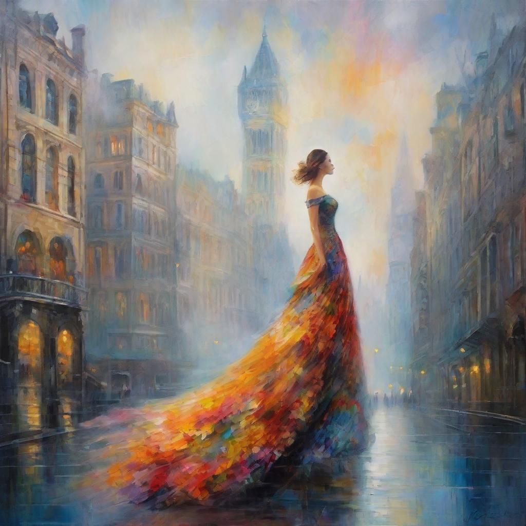 Monet-Inspired Cityscape: Woman Merged with Surreal City