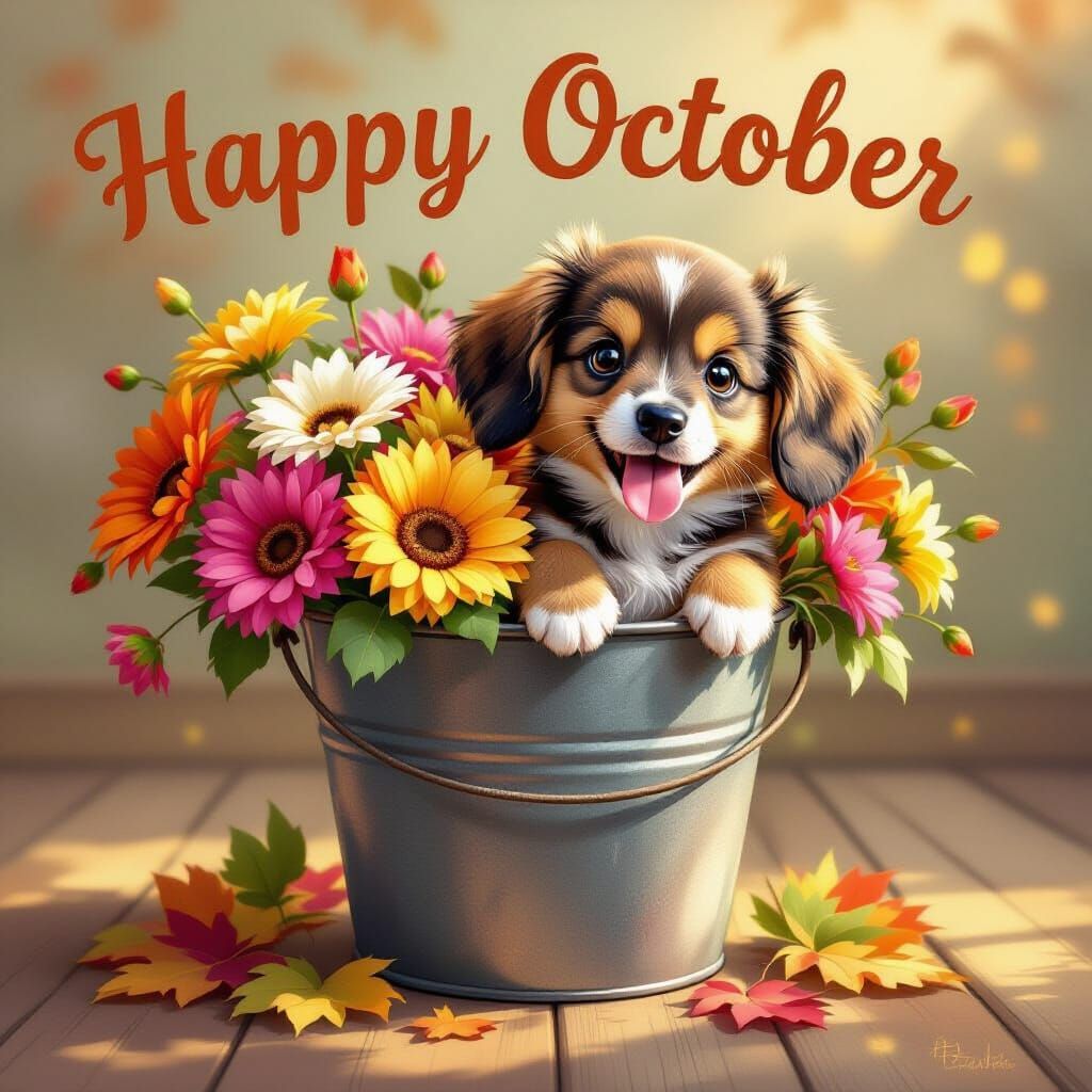 Autumn Flowers and Dachshund Puppy in Whimsical Airbrush Sty...