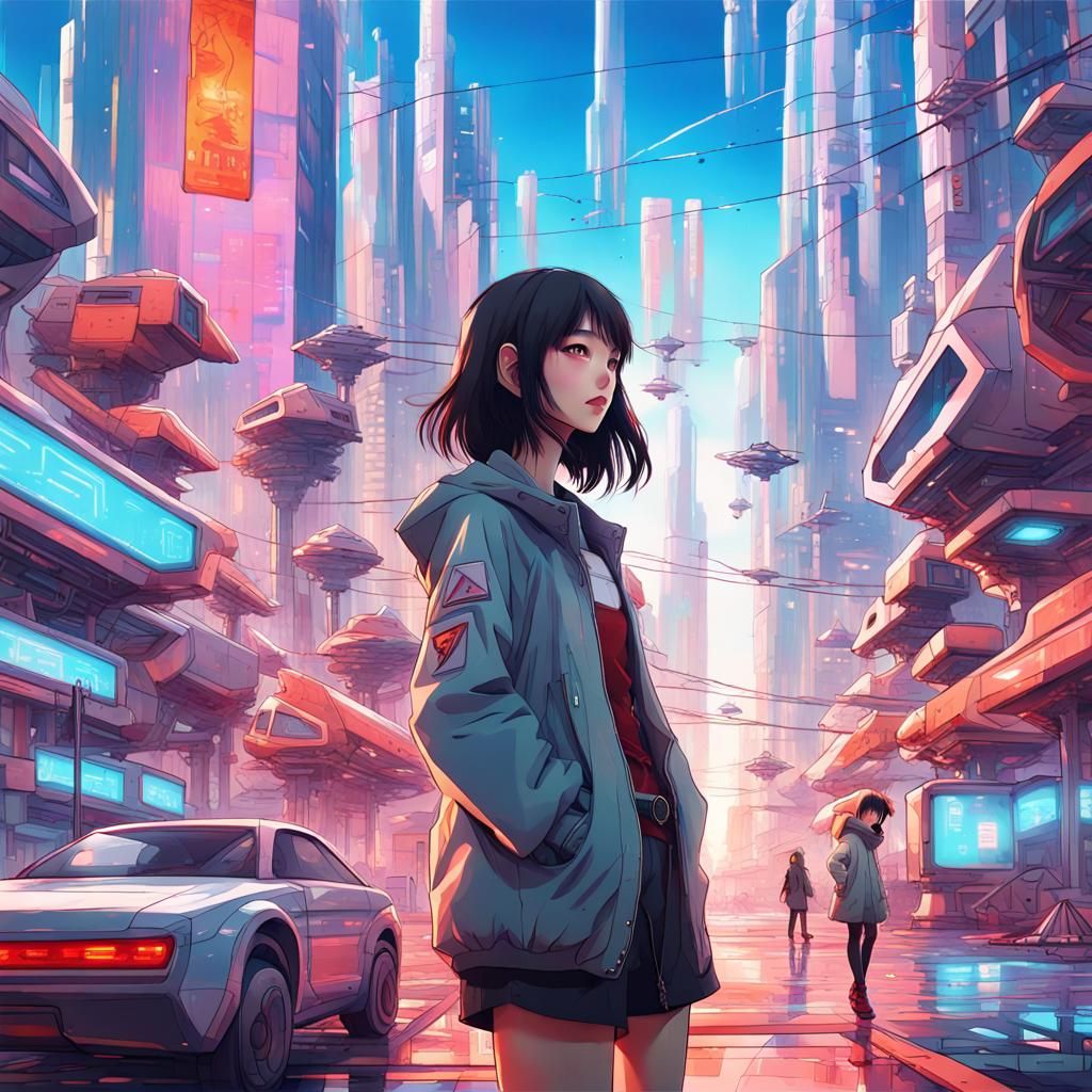 Anime Girl in Futuristic Cityscape
