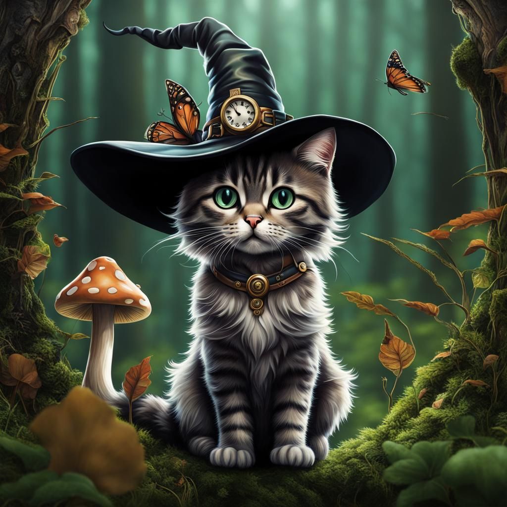 Steampunk Cat Witch Optical Illusion in Forest