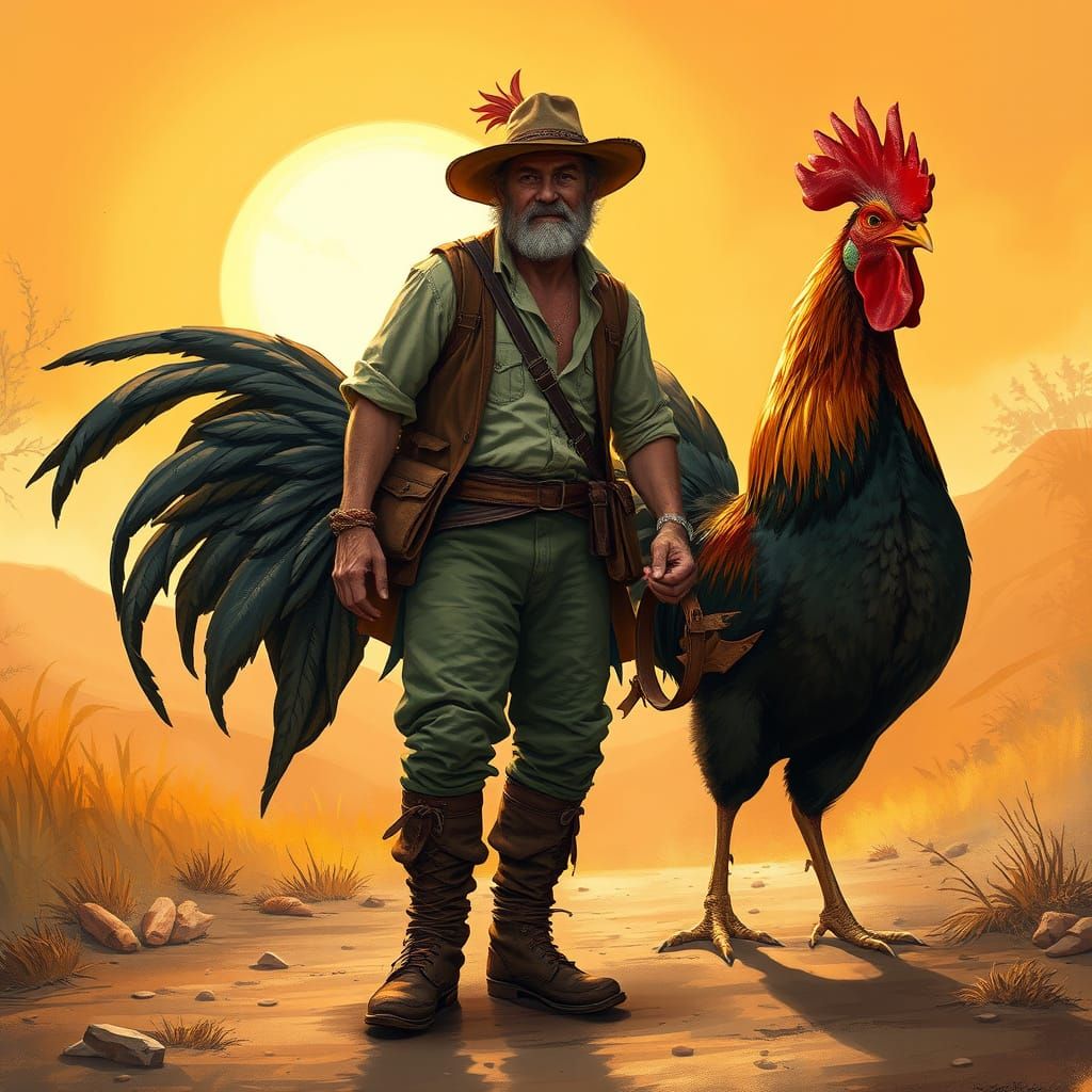 A Man and His Majestic Rooster in a Sunlit Landscape