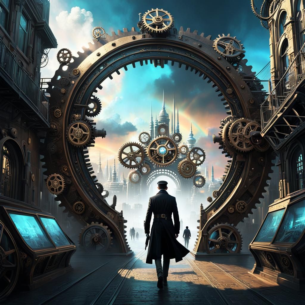 Steampunk Portal to Futuristic City with Rainbow