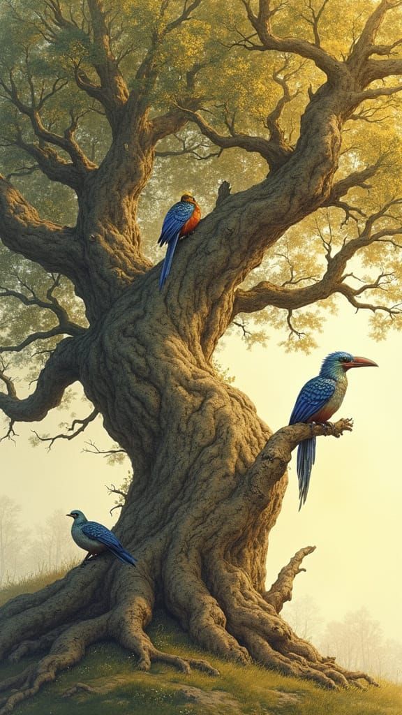 A tall tree that is twisted and has strange birds in it