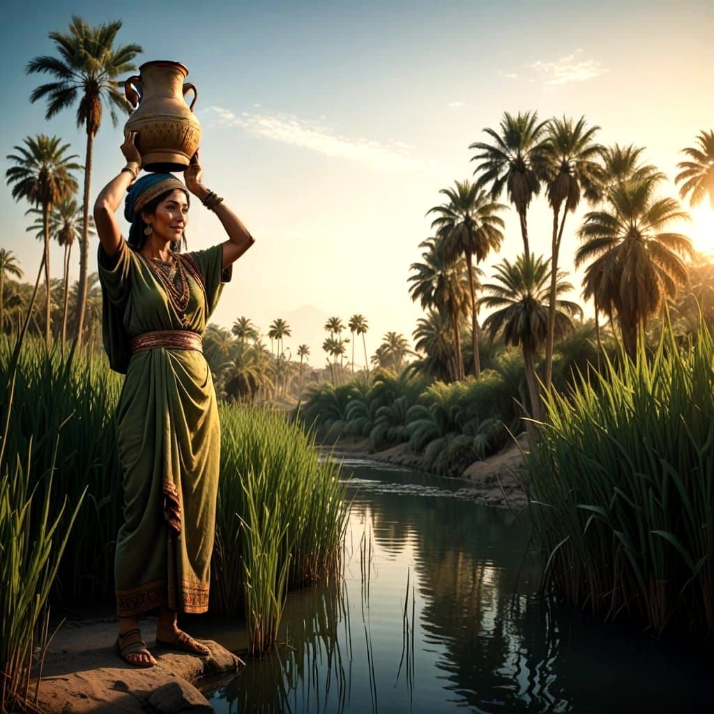 Ancient Babylonian Woman Amidst Lush Vegetation