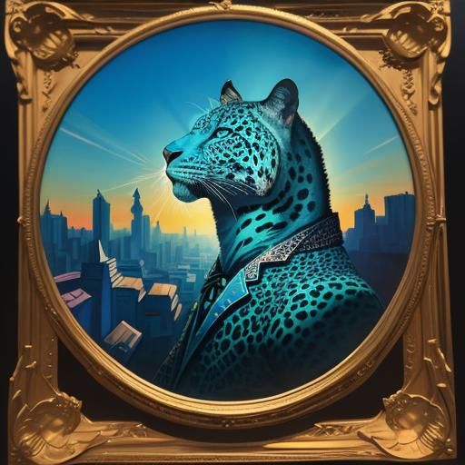 Surreal Blue Leopard King Offers Fire to Shaman