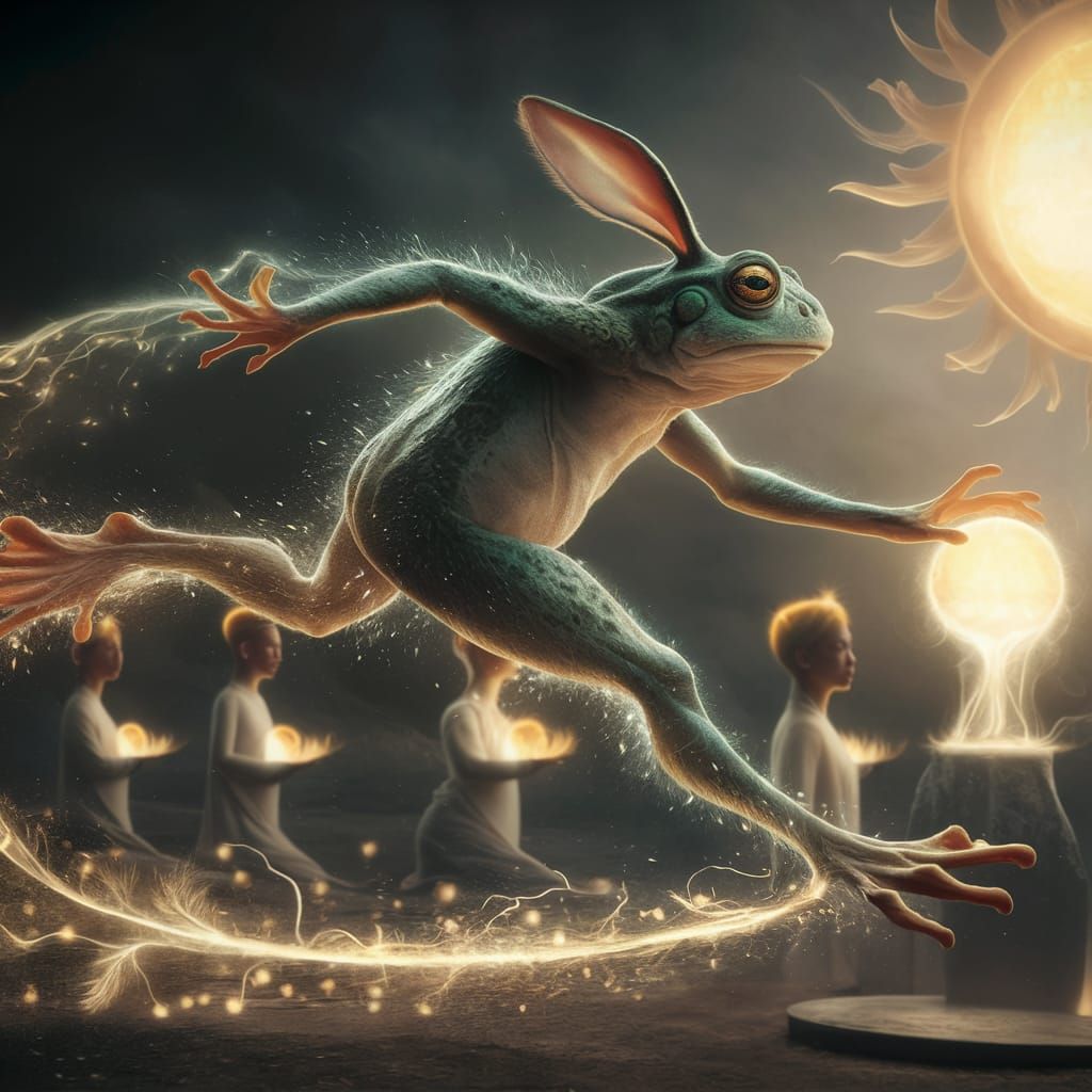 Surreal Frog-Rabbit Leaps Through Mystical Scene
