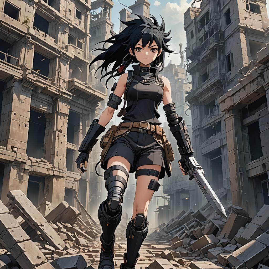 Anime-Style Survivor Navigating Ruined City