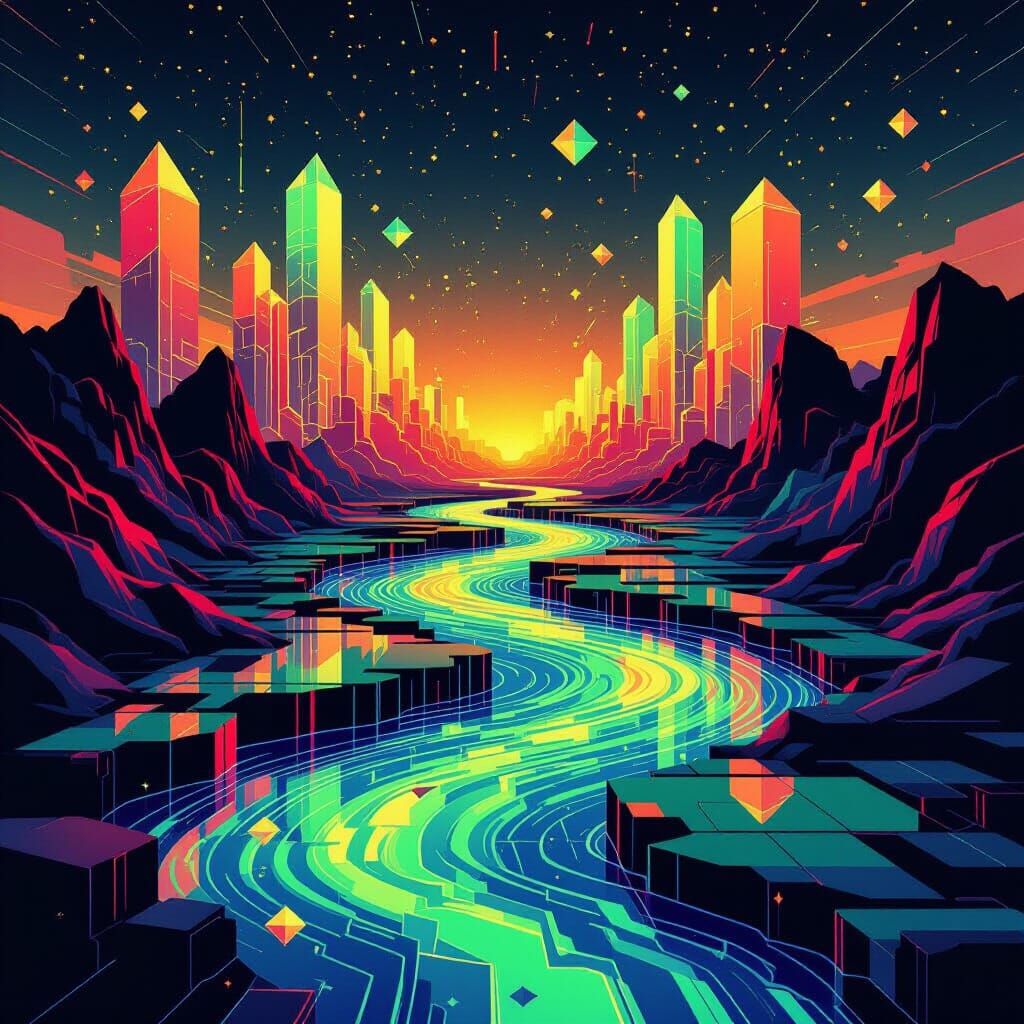 Surreal Landscape with Neon Rivers and Crystal Shards