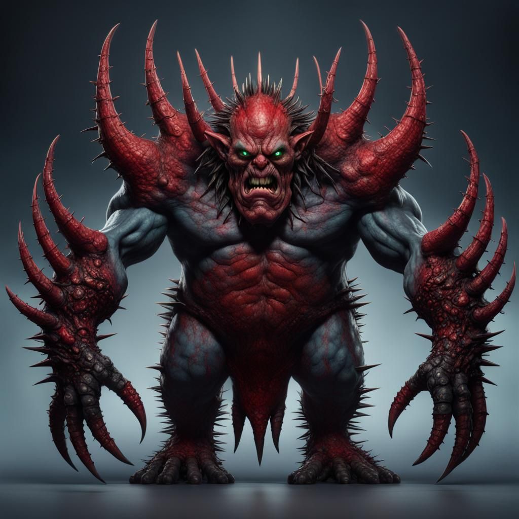 Four-Armed Red Monster with Spikes, Detailed Fantasy Art