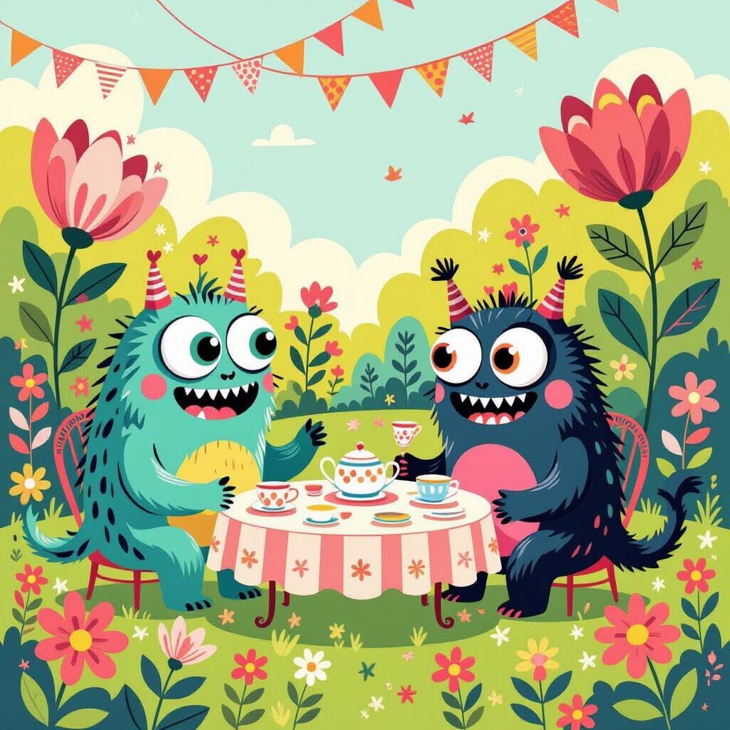 Whimsical Monster Tea Party in Cartoon Style