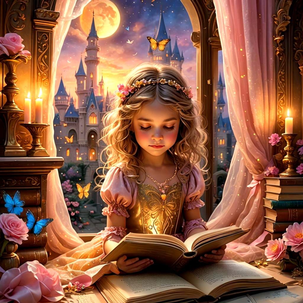 Girl Reading Book with Fairytale Palace, Fantasy Art