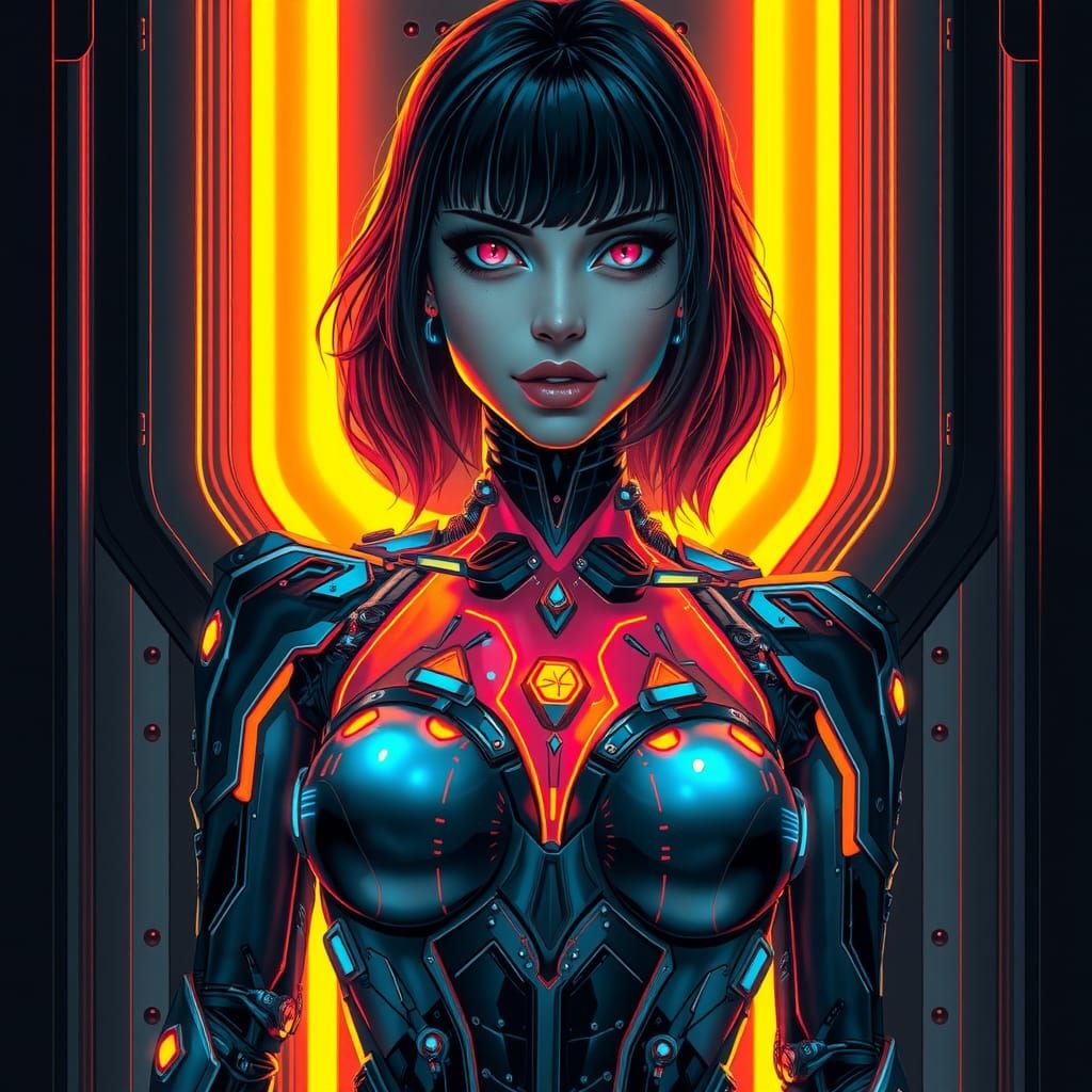 Neon Cyberpunk Woman with Metallic Limbs