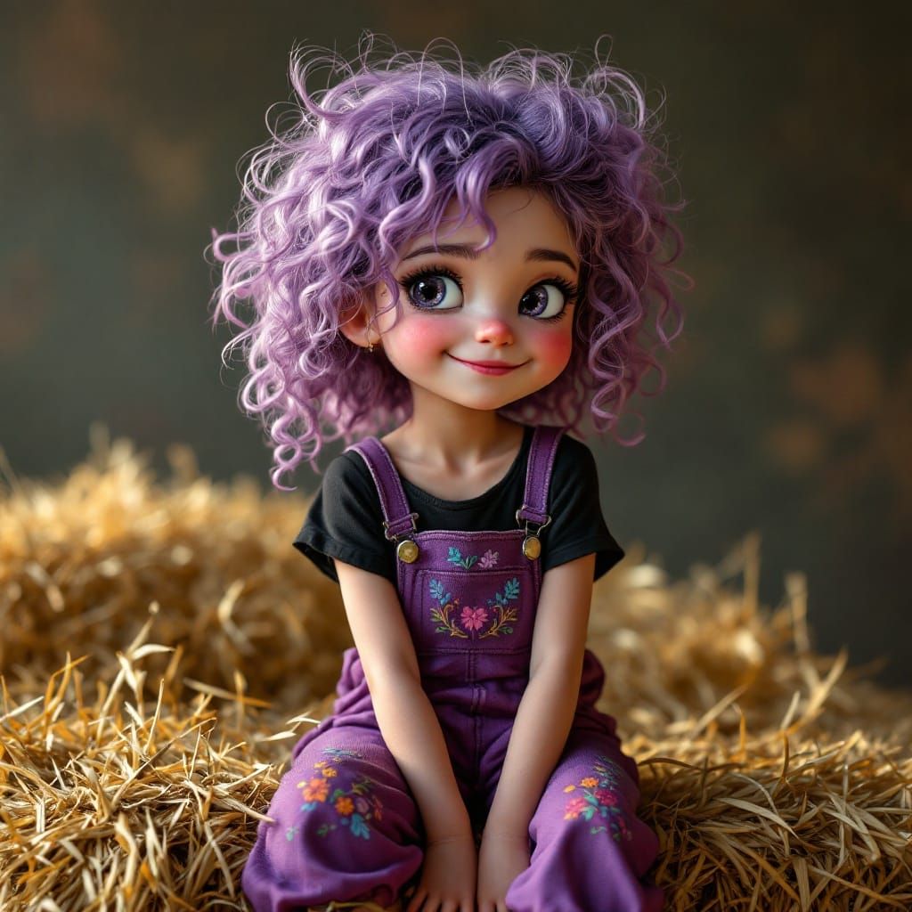 Whimsical Girl on Hay Bale in Vibrant Purple and Lilac