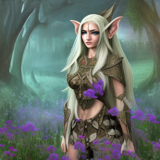 Elven Warden in Enchanted Flower Meadow, Gothic Fantasy Art