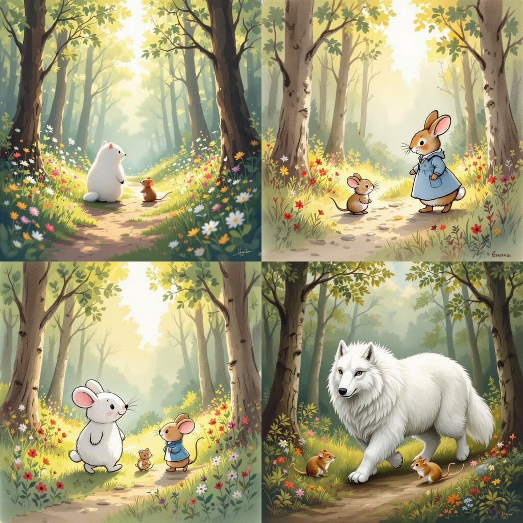 White Lion Walks with Tiny Mouse in Forest