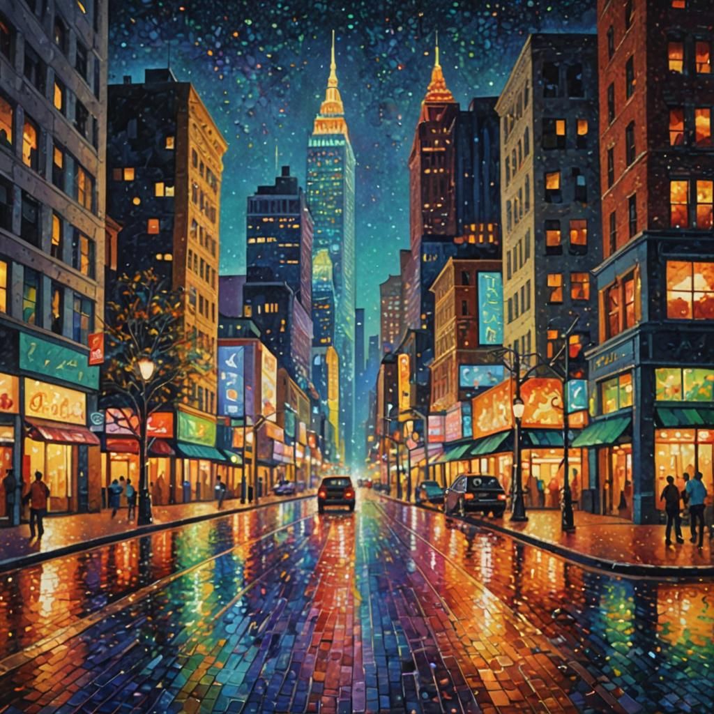 Vibrant Pointillist Cityscape at Night in Double Exposure