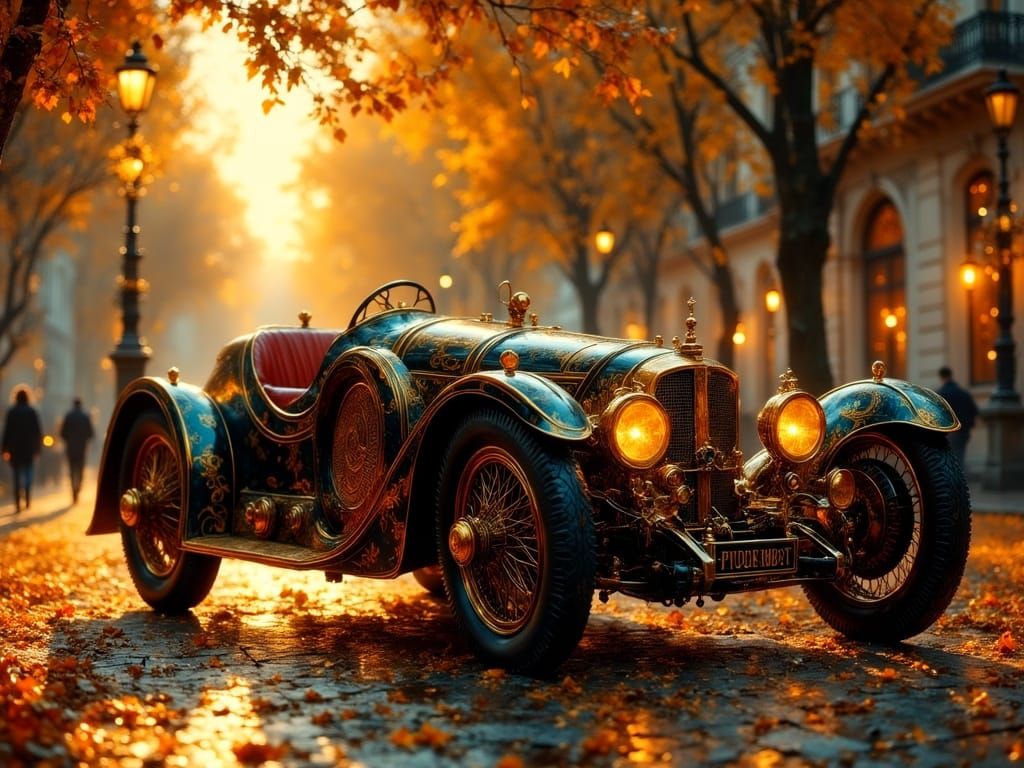 Steampunk Electric Car in Autumn City Street