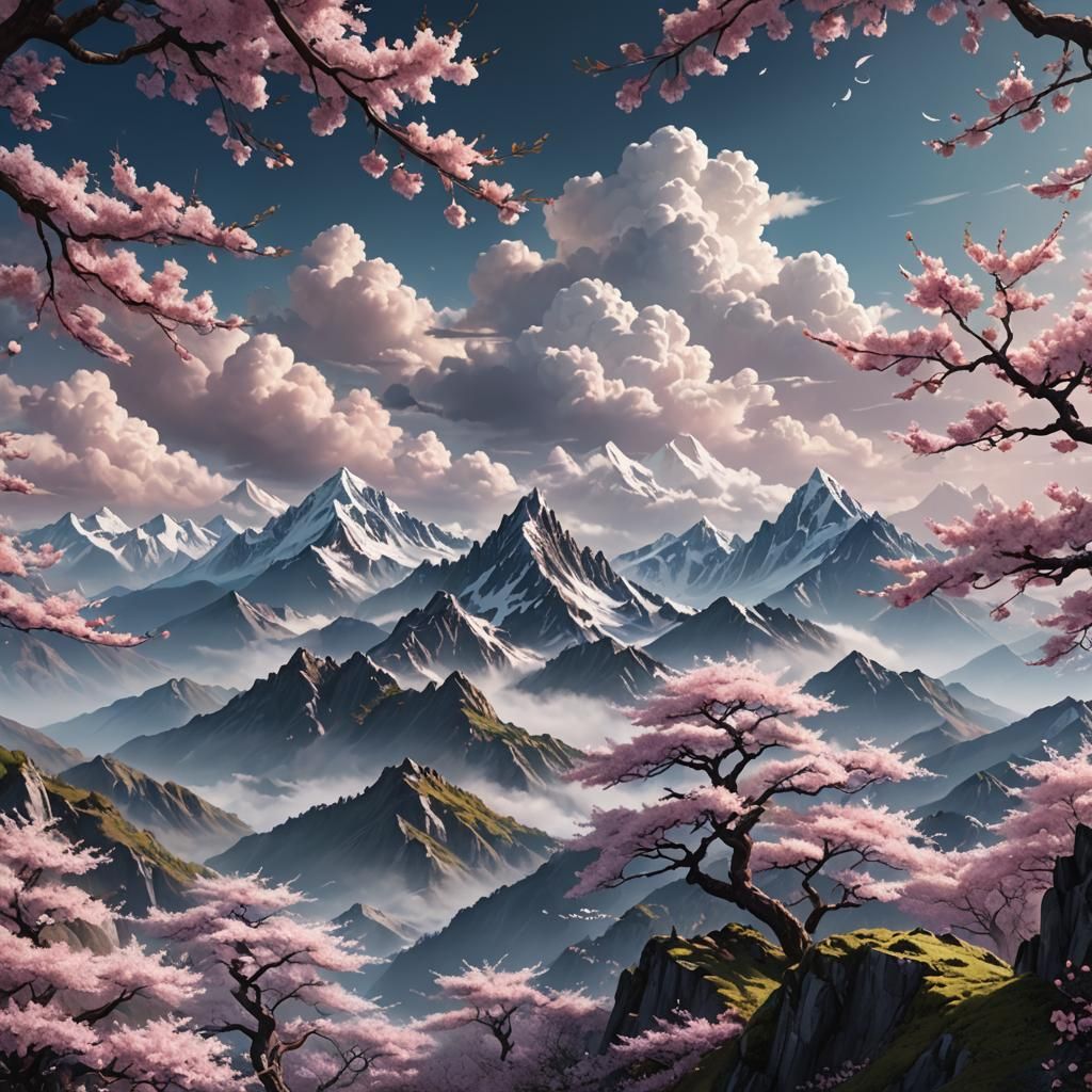 Cherry Blossom Mountain Peaks in Matte Painting Style
