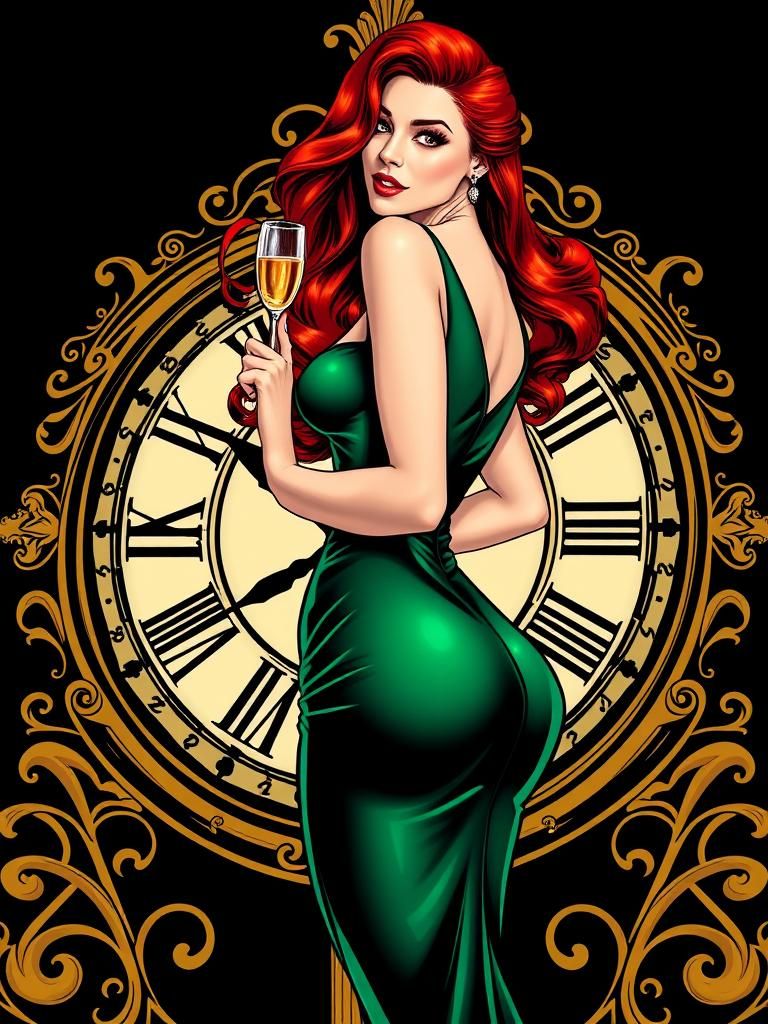 Elegant Redhead with Champagne, Classic Comic Art