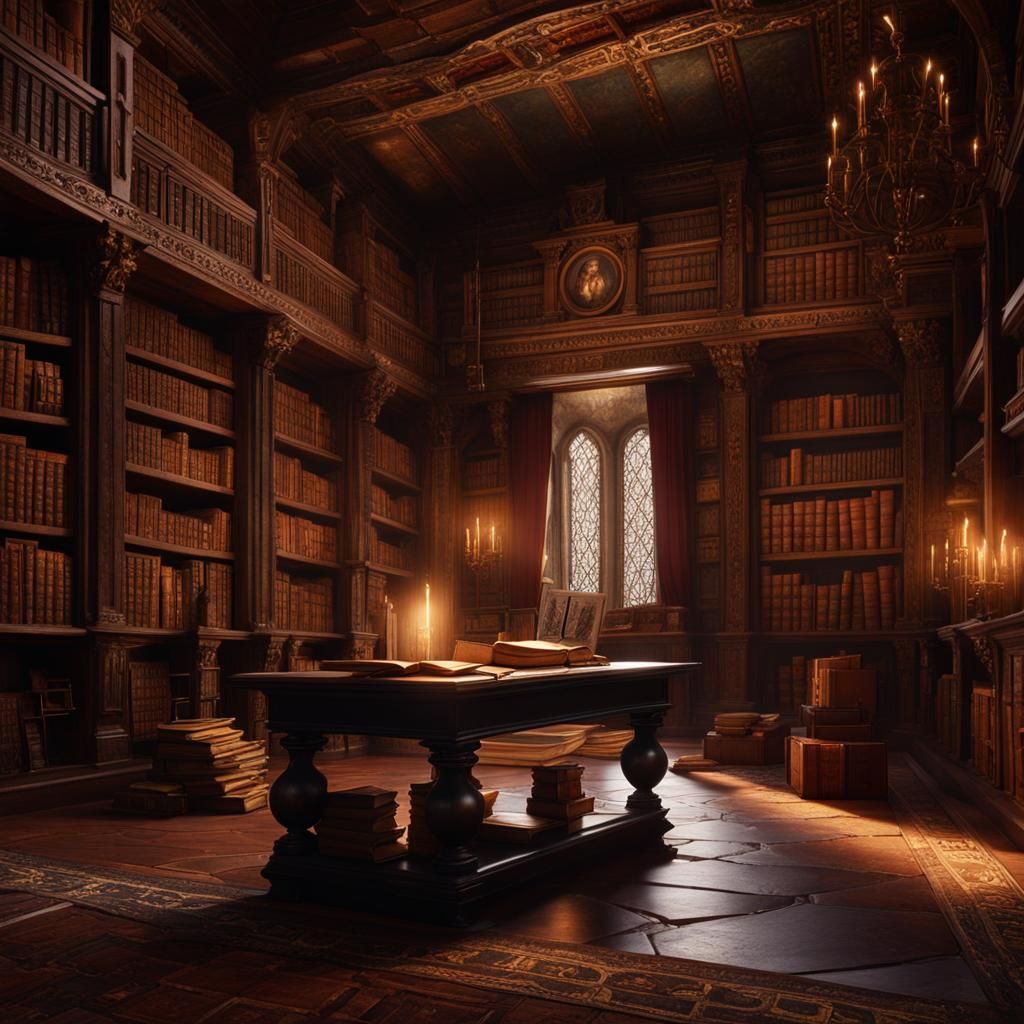 A small stone room, ancient library, catholic monks reading books, old scrolls on table, books on the floor, paintings o...