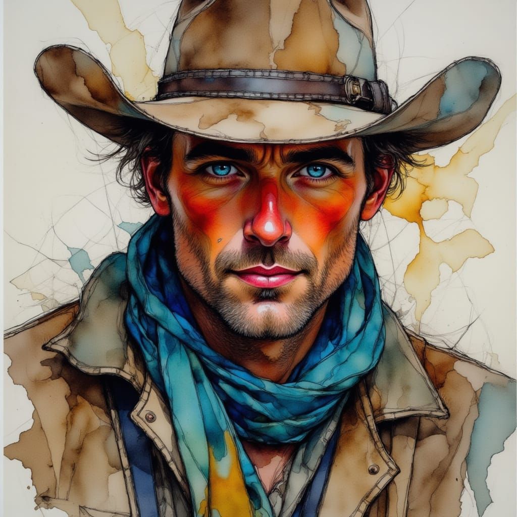 Rugged Cowboy Portrait in Alcohol Ink Style