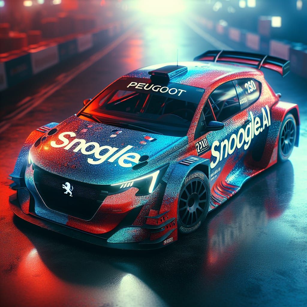 Red and Blue Peugeot Rally Car with Snoogle.ai Logo