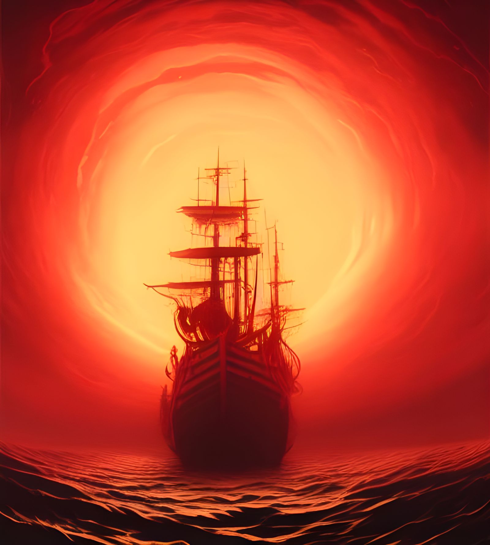 Eldritch Ghost Ship Under Crimson Sky: Photorealistic Illust...