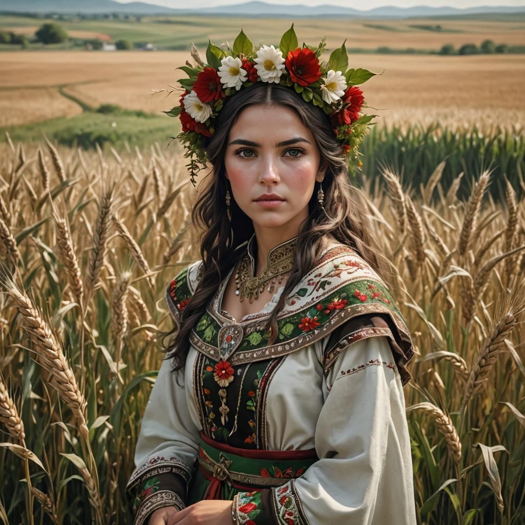 Girl in Traditional Bulgarian Costume in Wheat Field