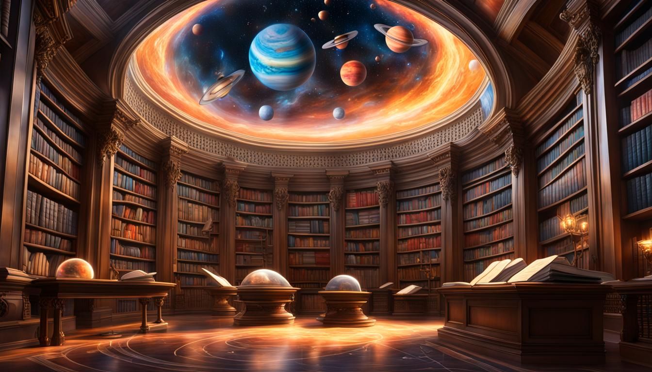 Celestial Library of Knowledge with Floating Books