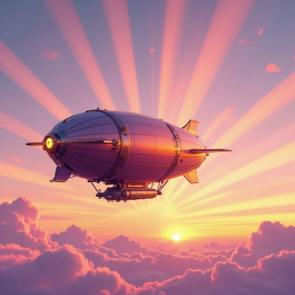 Stylized Airship Soaring Through Luminous Sky: 3D Digital Ar...