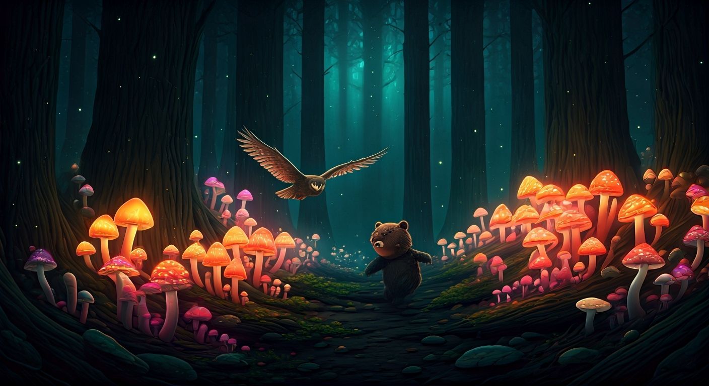Cyberpunk Mushrooms Light Up Forest Night