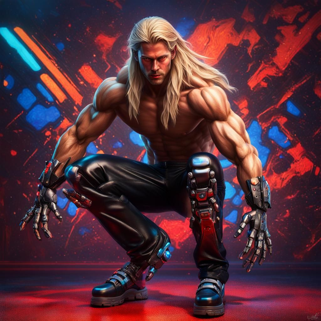 Hyperrealistic Cybernetic Wolf-Man in Action Splash Art