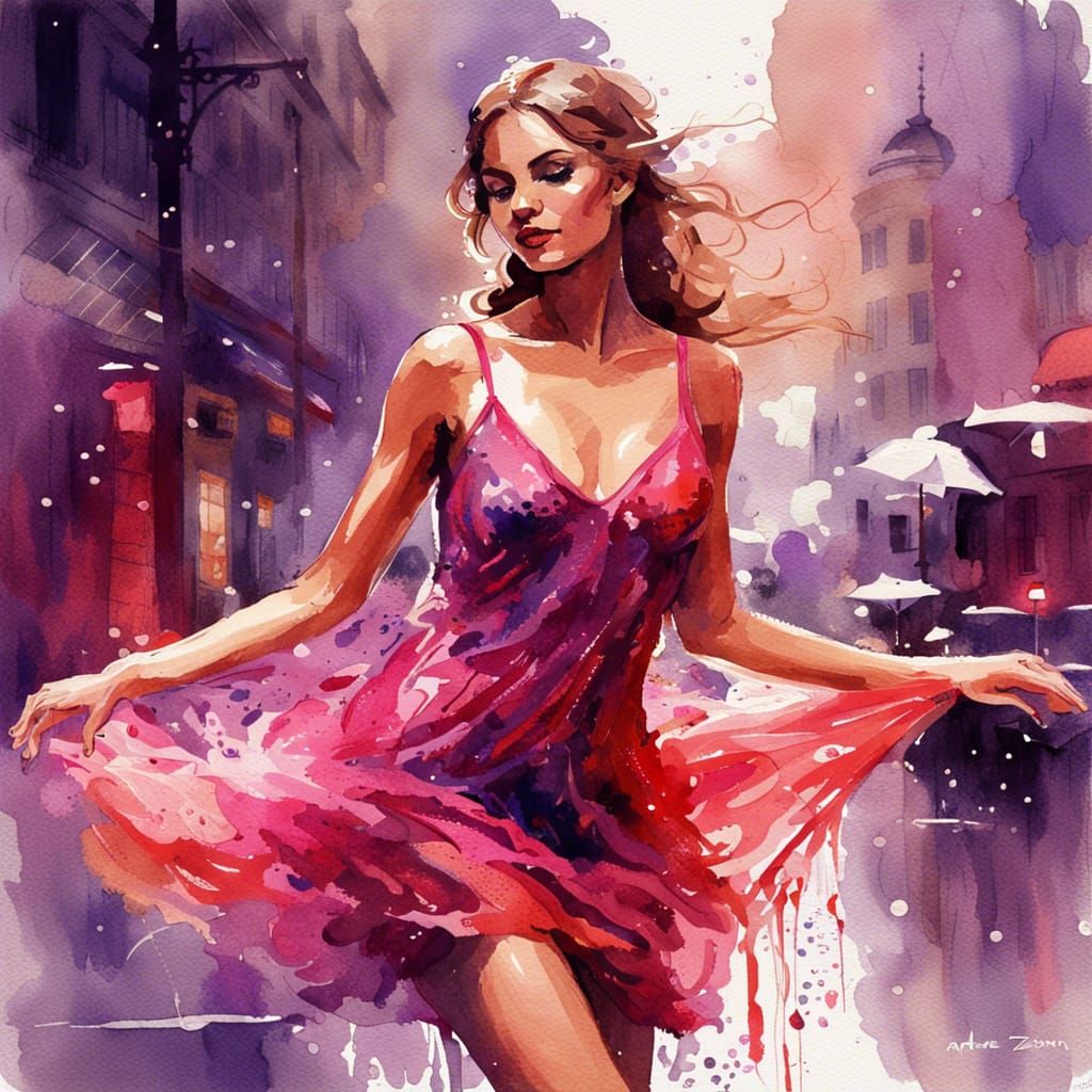 Dancing Girl in Rainy Night, Watercolor Splash Art