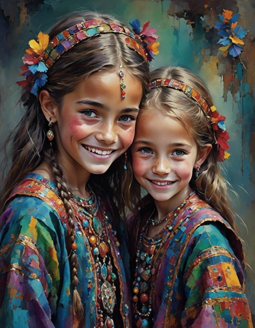 Young Sisters in Colorful Robes with Bright Smiles