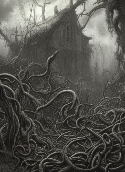 Creepy Ruined Farmhouse in a Dark Forest