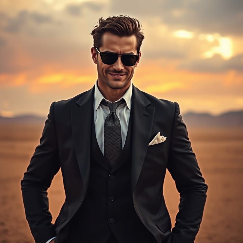 Stylish Man in Desert Landscape, Cinematic Hyperrealism