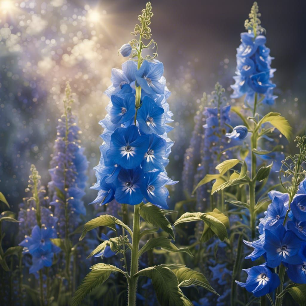 Blue Delphiniums in Sunlight: Dramatic Digital Painting