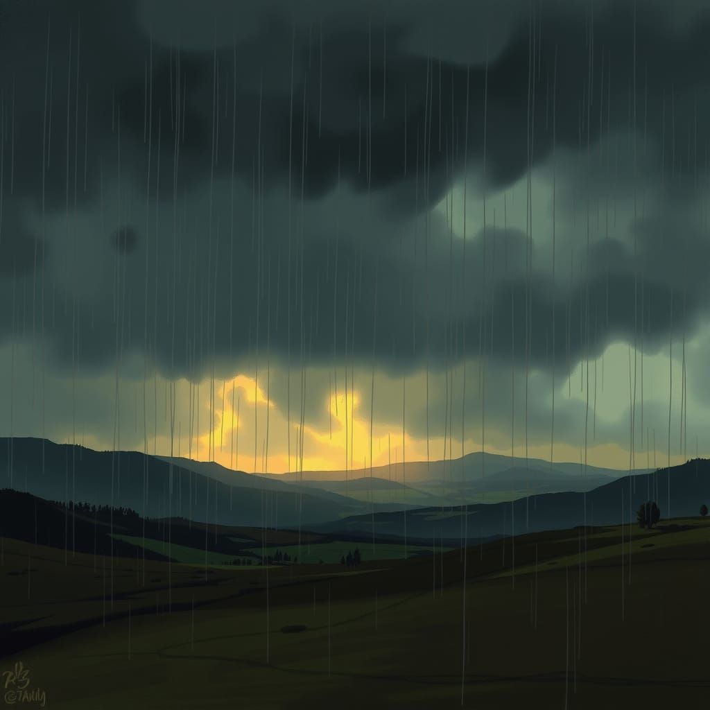 Dramatic Rain Clouds Over Mystical Landscape