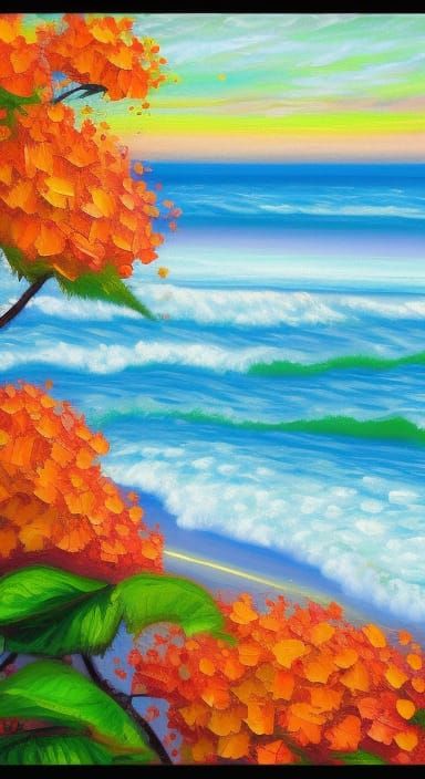 Magical Beach Sunrise with Hydrangeas in Expressionist Style