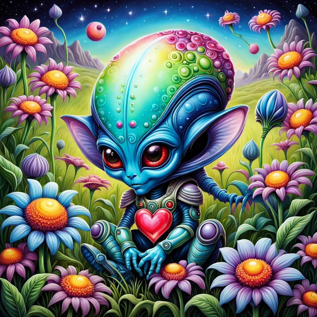 Cute Alien in Flower Field: Airbrush Art