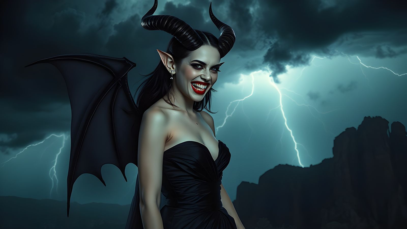 Demon Girl Laughing in Thunderstorm Night Sky